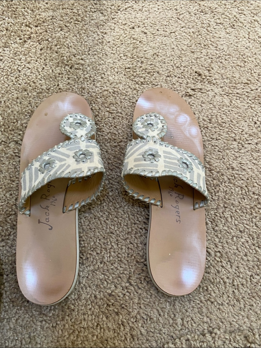Jack Rogers Beige Whipstitch Miller Slide Sandals